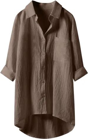 Womens Cotton Linen Button Down Flowy Shirts Long Sleeve V Neck Elegant High Low Loose Tops Plain Oversize Blouse