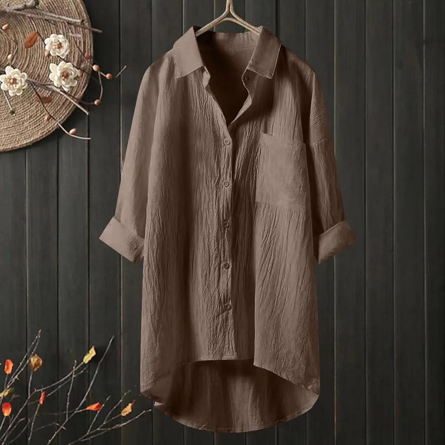 Womens Cotton Linen Button Down Flowy Shirts Long Sleeve V Neck Elegant High Low Loose Tops Plain Oversize Blouse