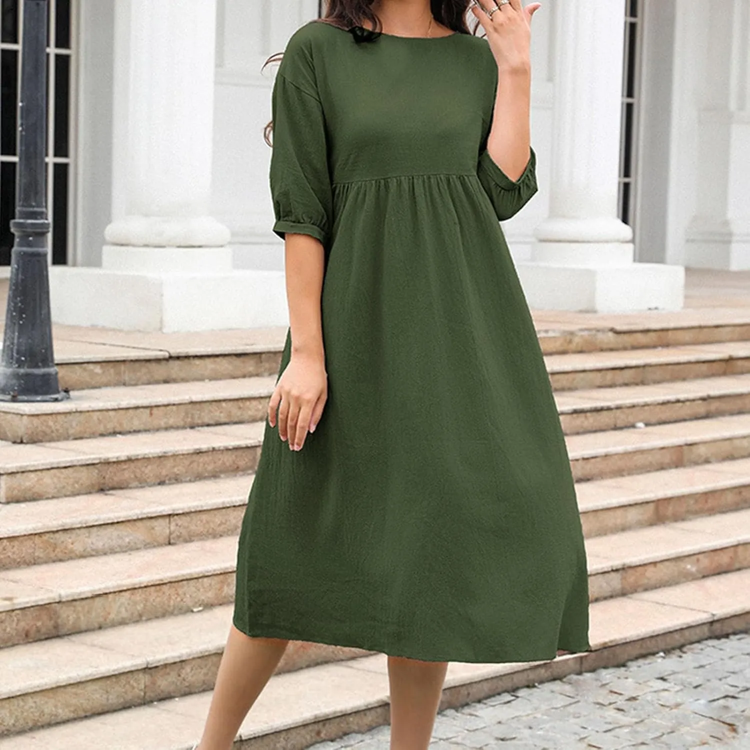 Womens Cotton Linen Dresses Half Sleeve Trendy Solid Beach Maxi Dress Summer Casual Loose Long Dress with Pocket