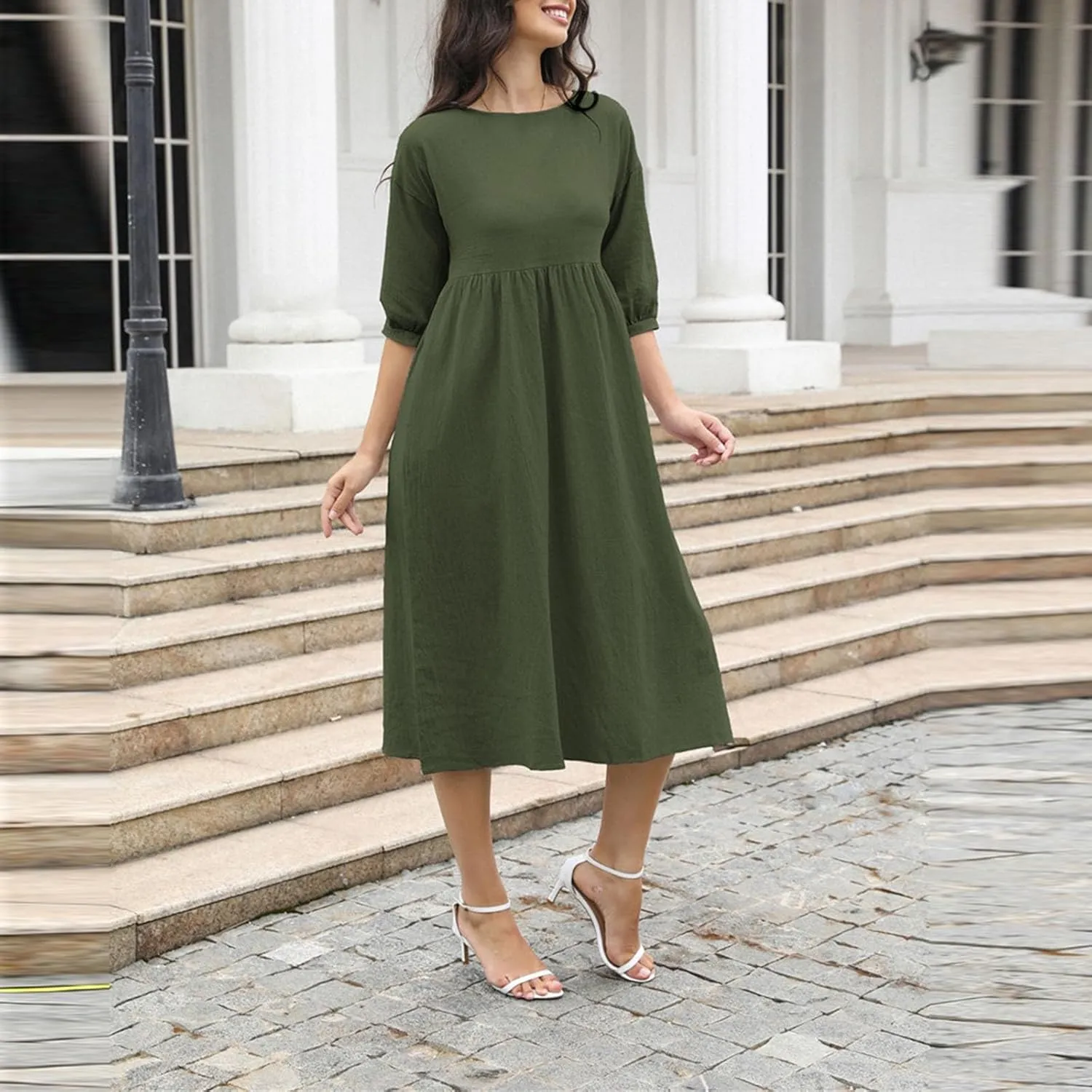 Womens Cotton Linen Dresses Half Sleeve Trendy Solid Beach Maxi Dress Summer Casual Loose Long Dress with Pocket