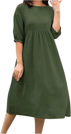Womens Cotton Linen Dresses Half Sleeve Trendy Solid Beach Maxi Dress Summer Casual Loose Long Dress with Pocket