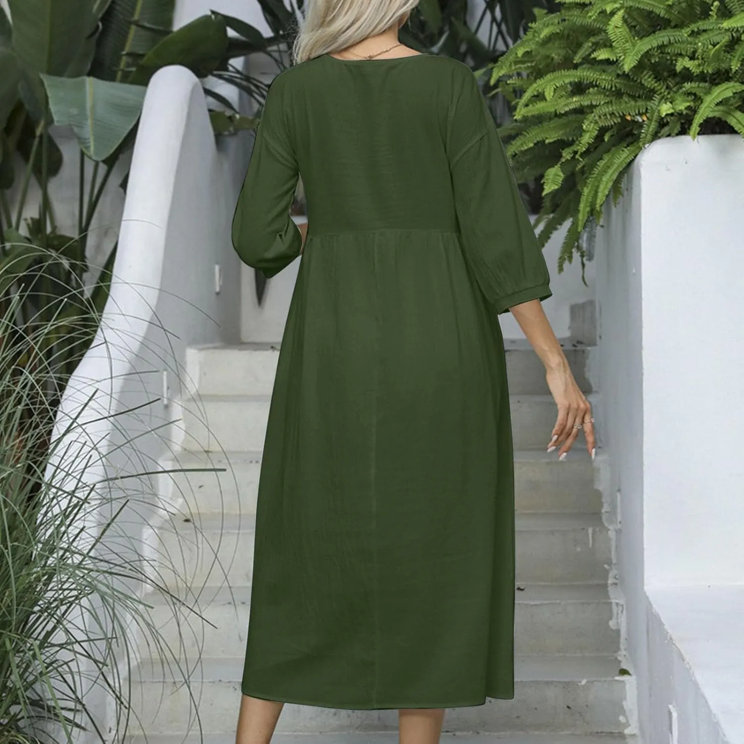 Womens Cotton Linen Dresses Half Sleeve Trendy Solid Beach Maxi Dress Summer Casual Loose Long Dress with Pocket