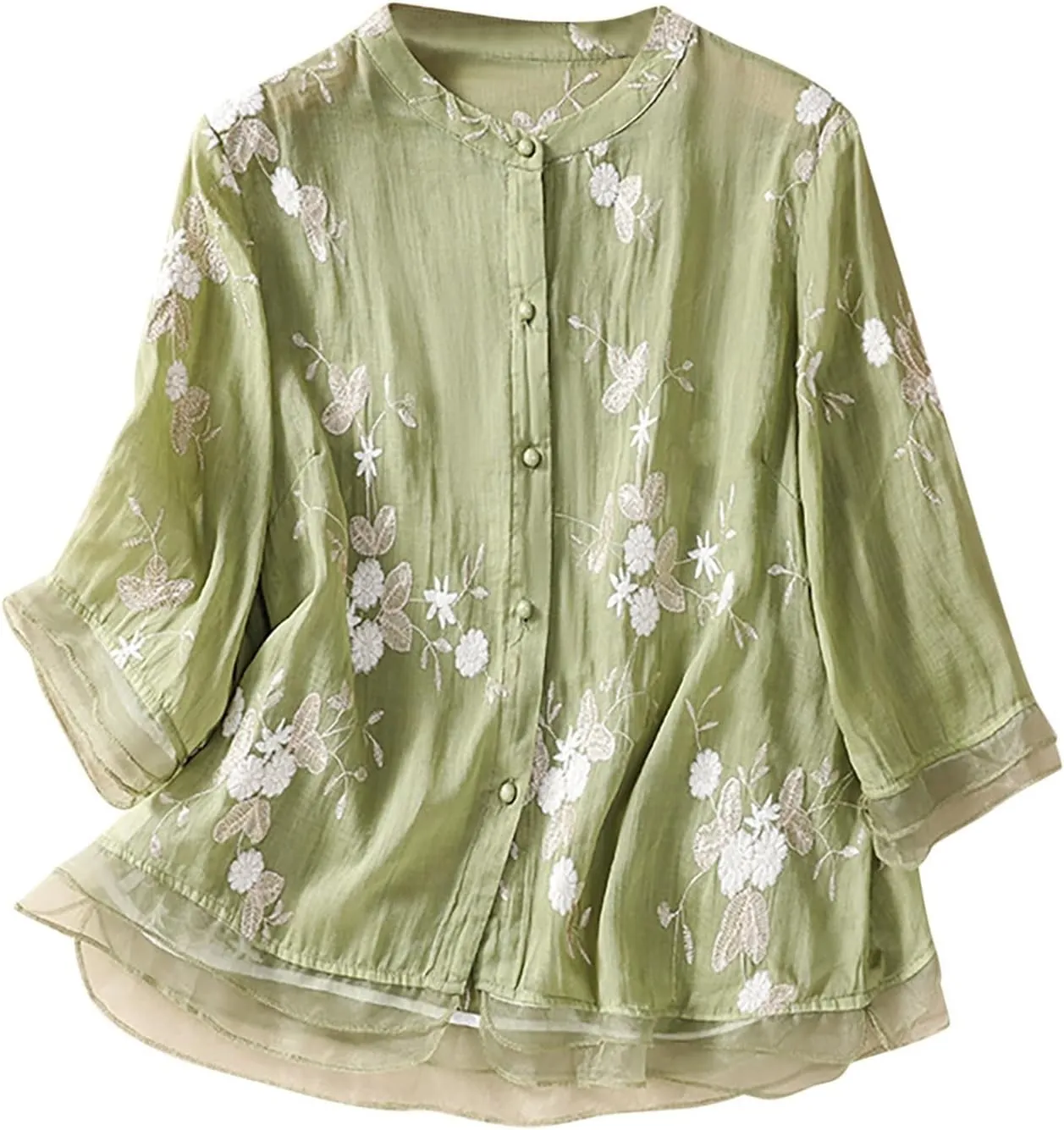 Womens Cotton Linen Embroidery Shirt Casual Crewneck Shirt Fashion Floral Printed Flowy Shirt Spring 3/4 Sleeve Tops