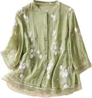 Womens Cotton Linen Embroidery Shirt Casual Crewneck Shirt Fashion Floral Printed Flowy Shirt Spring 3/4 Sleeve Tops