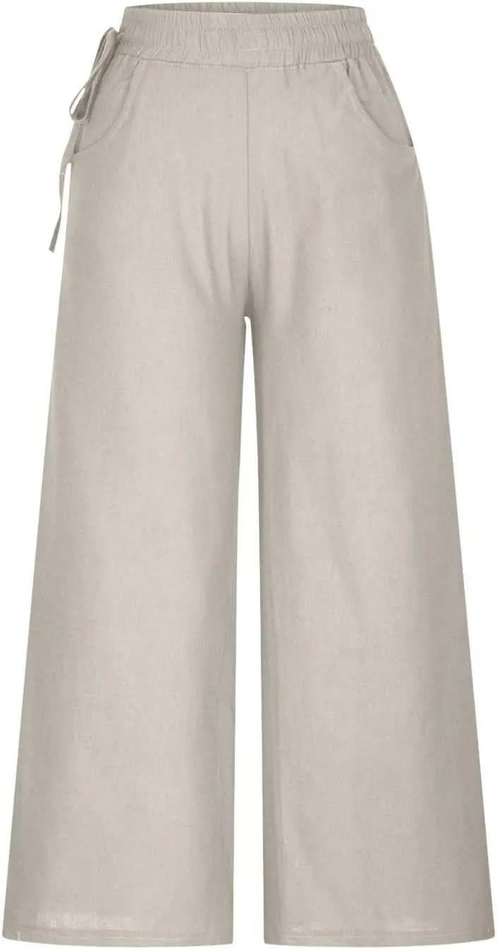 Womens Cotton Linen Pants Casual 2025 Wide Leg Palazzo Pants High Waist Solid Loose Plus Size Trouser with Pockets