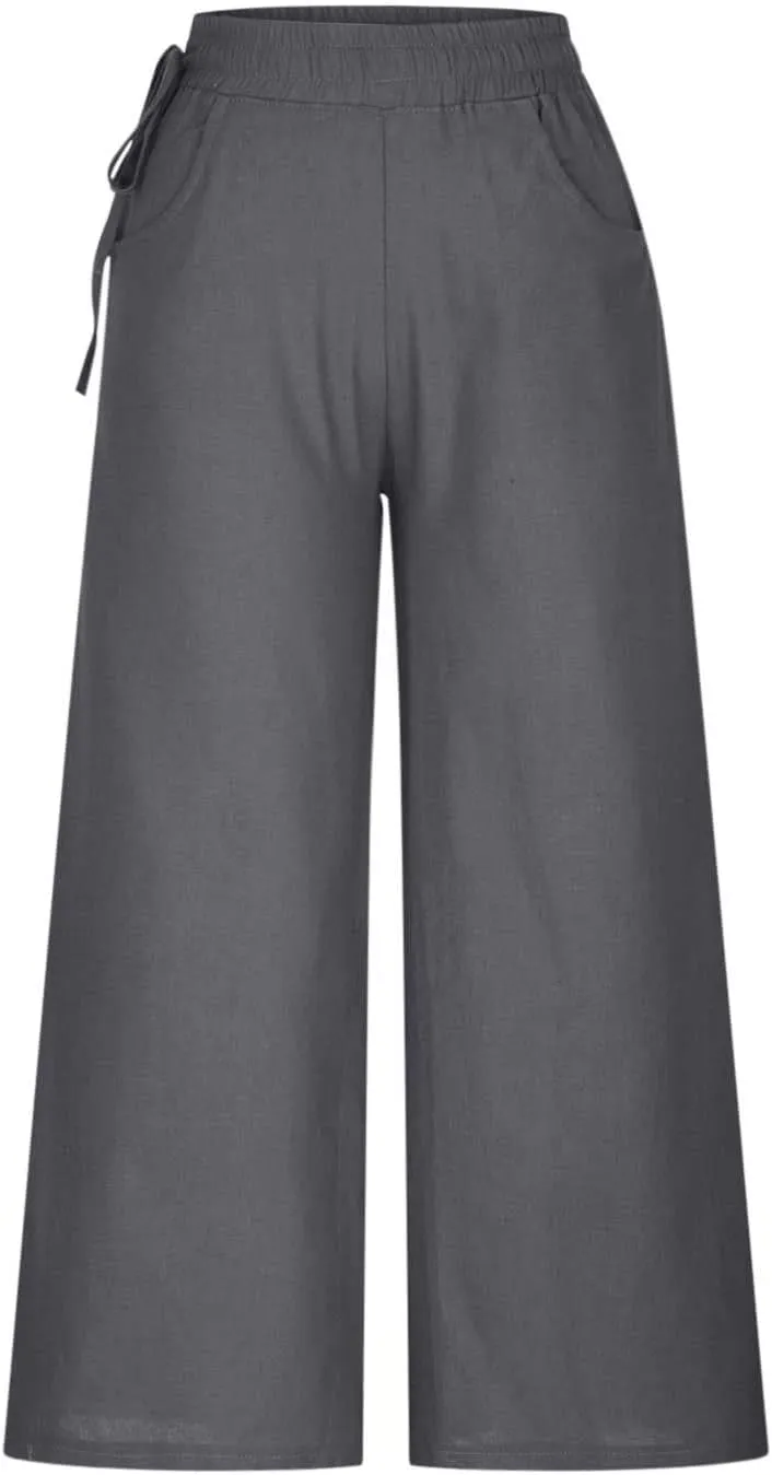 Womens Cotton Linen Pants Casual 2025 Wide Leg Palazzo Pants High Waist Solid Loose Plus Size Trouser with Pockets