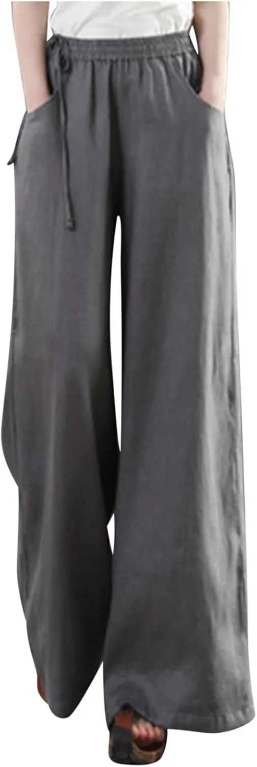 Womens Cotton Linen Pants Casual 2025 Wide Leg Palazzo Pants High Waist Solid Loose Plus Size Trouser with Pockets