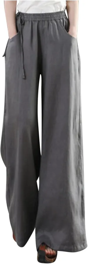 Womens Cotton Linen Pants Casual 2025 Wide Leg Palazzo Pants High Waist Solid Loose Plus Size Trouser with Pockets