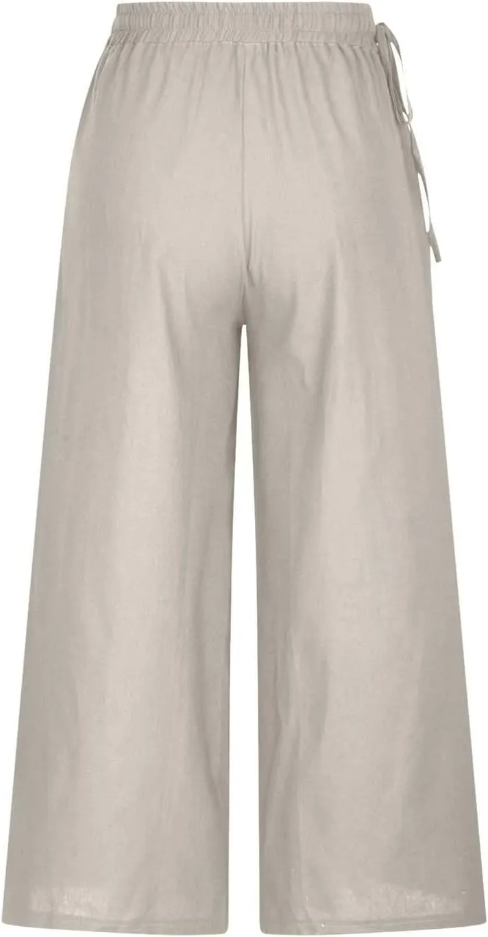 Womens Cotton Linen Pants Casual 2025 Wide Leg Palazzo Pants High Waist Solid Loose Plus Size Trouser with Pockets