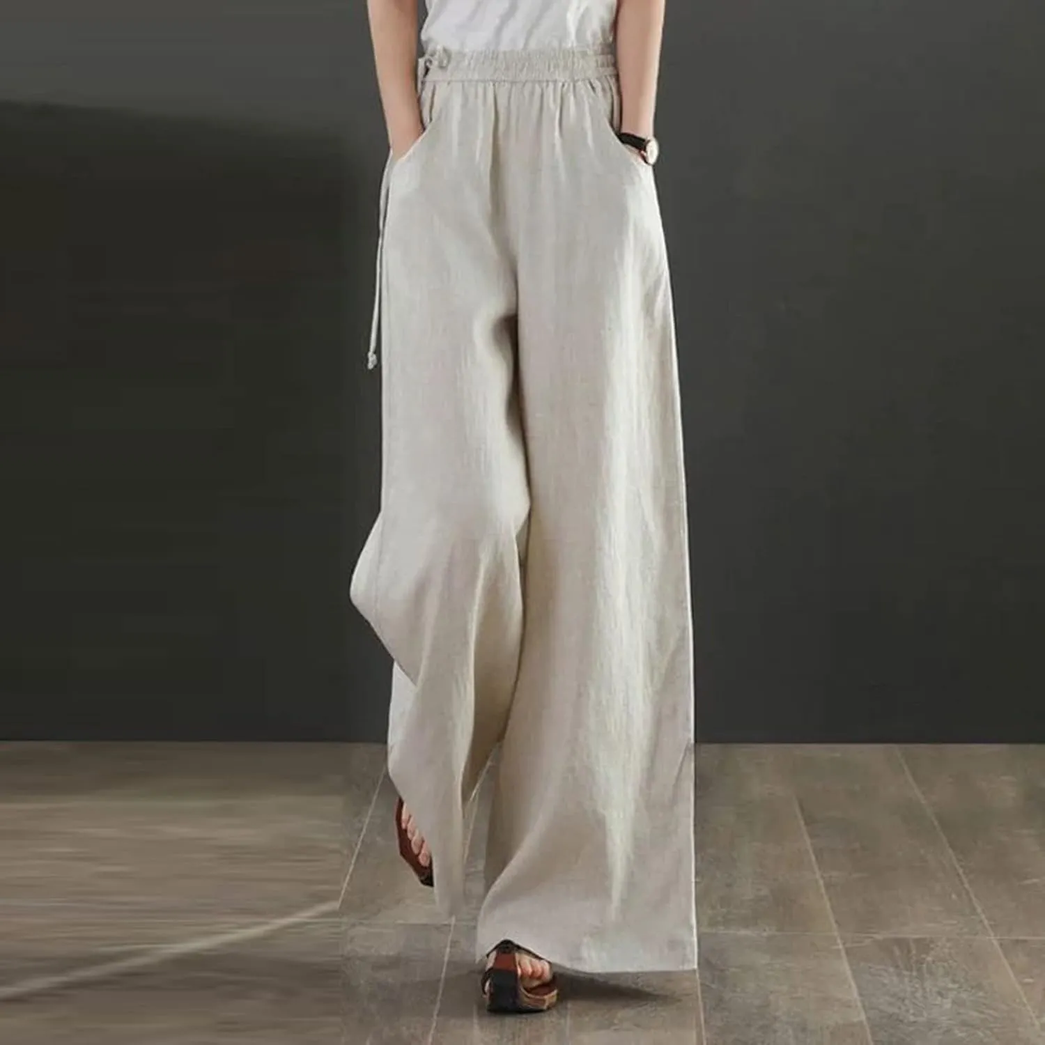 Womens Cotton Linen Pants Casual 2025 Wide Leg Palazzo Pants High Waist Solid Loose Plus Size Trouser with Pockets