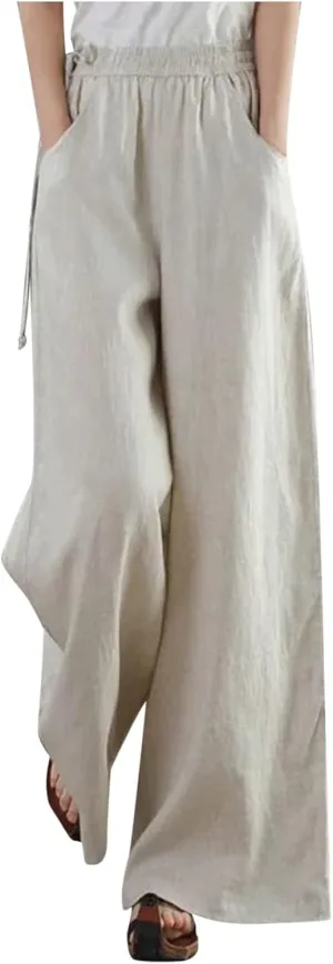 Womens Cotton Linen Pants Casual 2025 Wide Leg Palazzo Pants High Waist Solid Loose Plus Size Trouser with Pockets