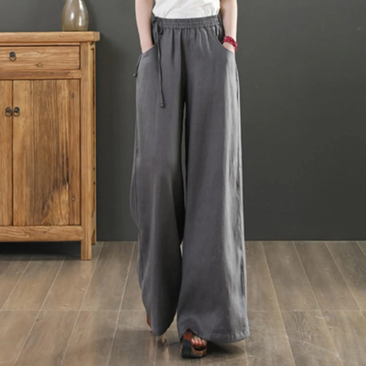 Womens Cotton Linen Pants Casual 2025 Wide Leg Palazzo Pants High Waist Solid Loose Plus Size Trouser with Pockets