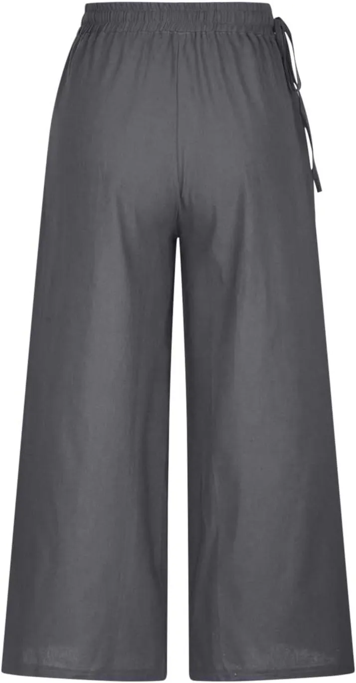 Womens Cotton Linen Pants Casual 2025 Wide Leg Palazzo Pants High Waist Solid Loose Plus Size Trouser with Pockets