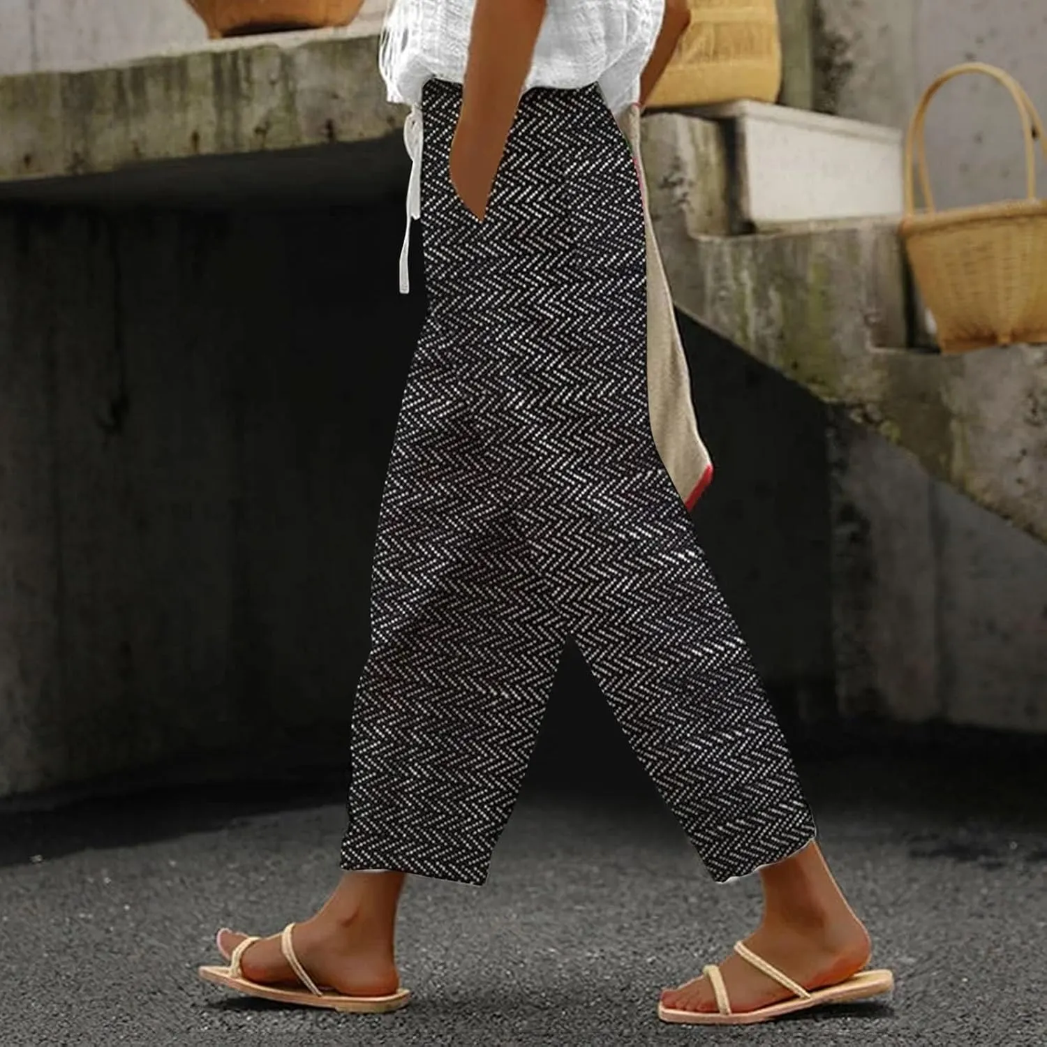 Womens Cotton Linen Pants Casual Drawstring Capri Linen Pants for Women White