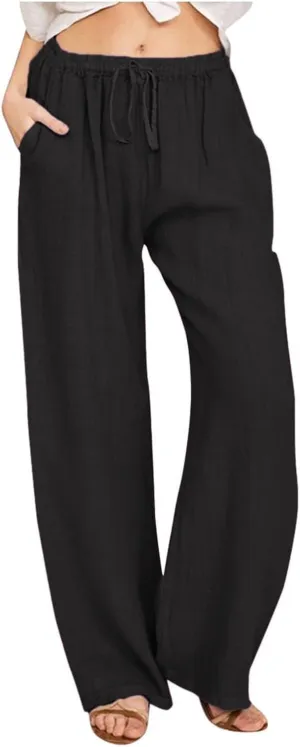 Women's Cotton Linen Pants,Summer Wide Leg Casual Loose Drawstring High Waist Palazzo Pants with Pockets