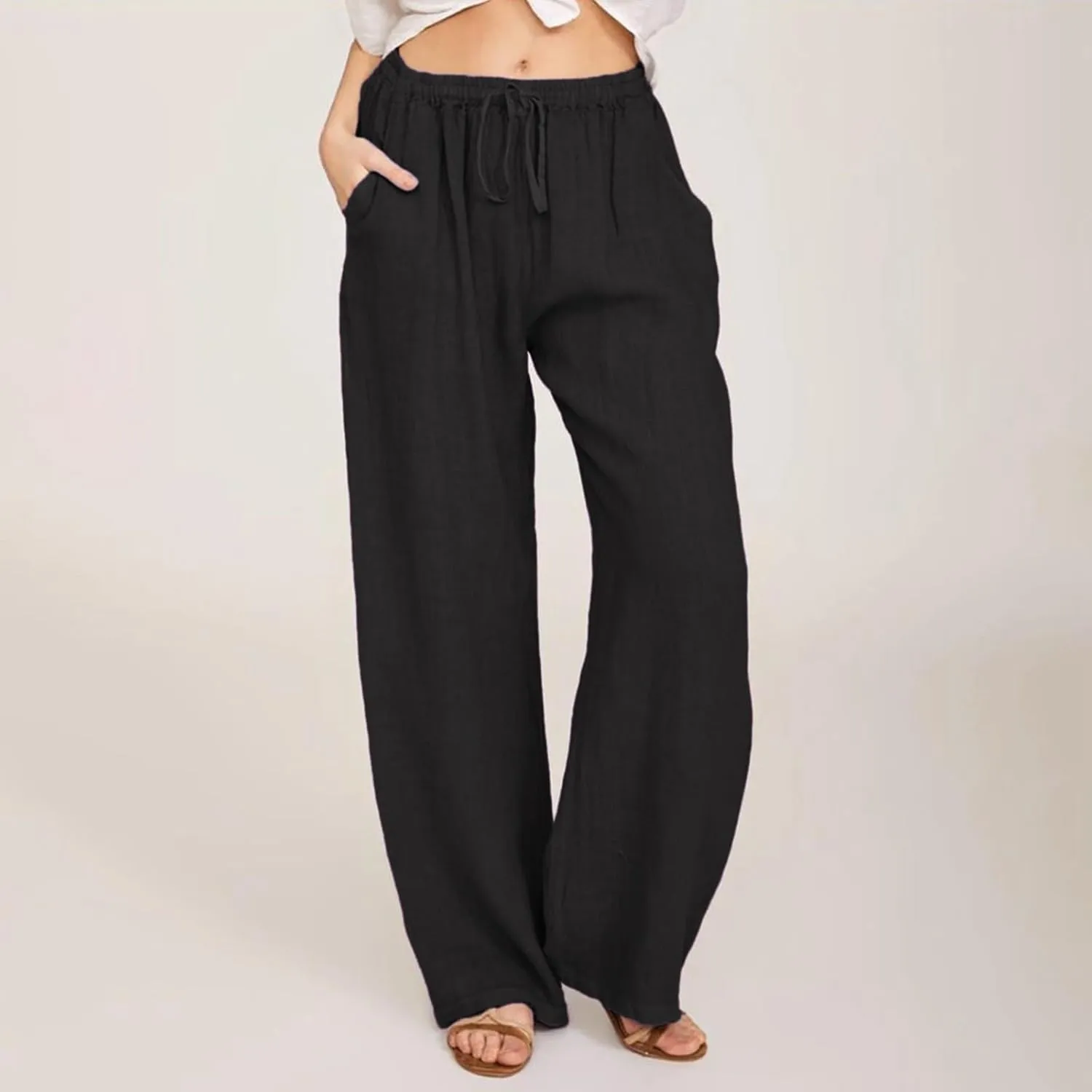 Women's Cotton Linen Pants,Summer Wide Leg Casual Loose Drawstring High Waist Palazzo Pants with Pockets