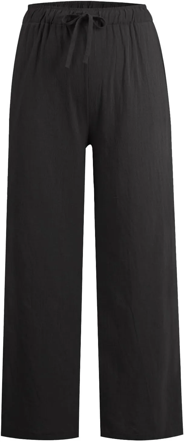 Women's Cotton Linen Pants,Summer Wide Leg Casual Loose Drawstring High Waist Palazzo Pants with Pockets