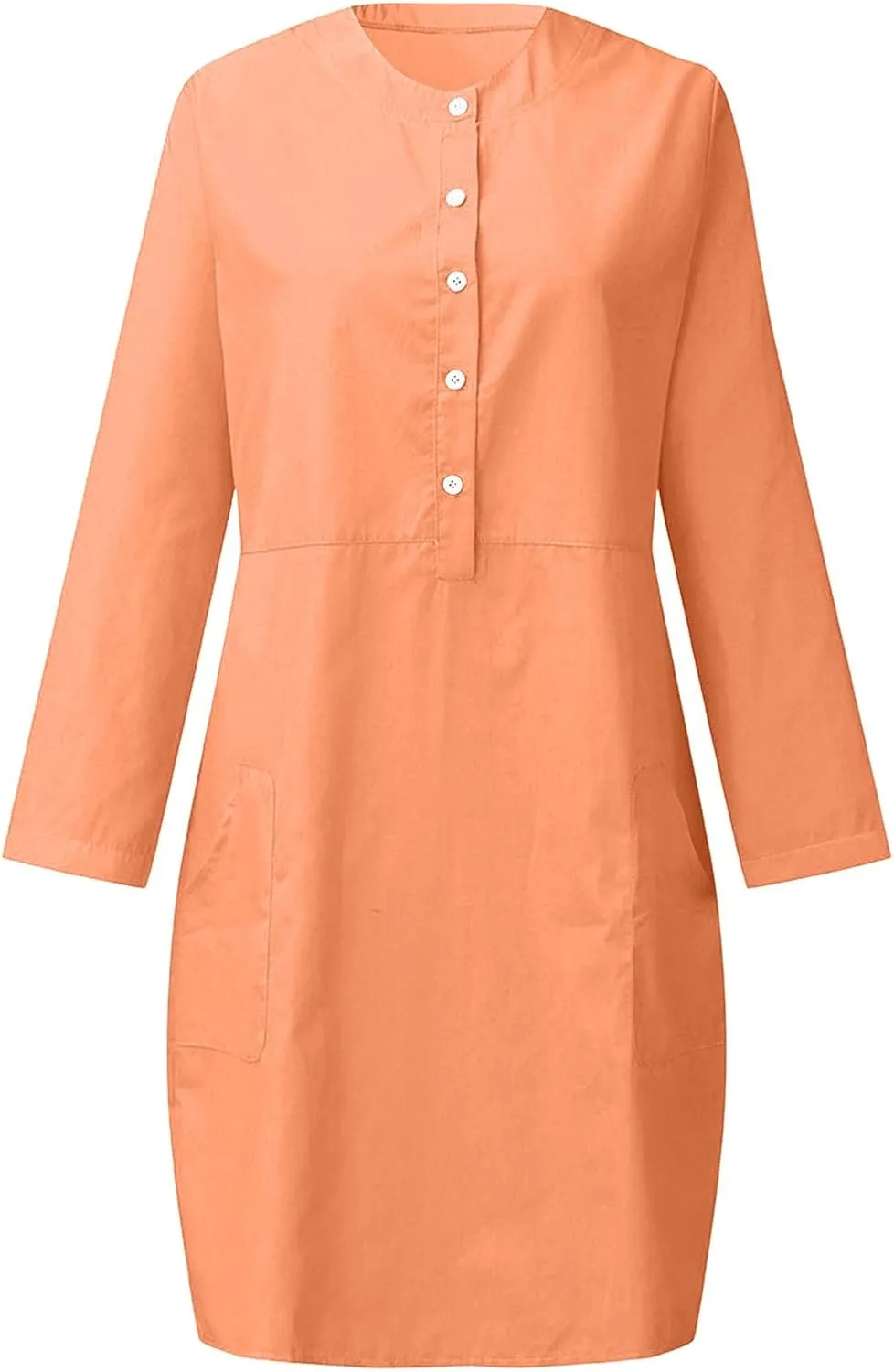 Women's Cotton Linen Shirt Dress Long Sleeve Summer Midi Dresses Dressy Casual Button Down Crewneck Solid Dress