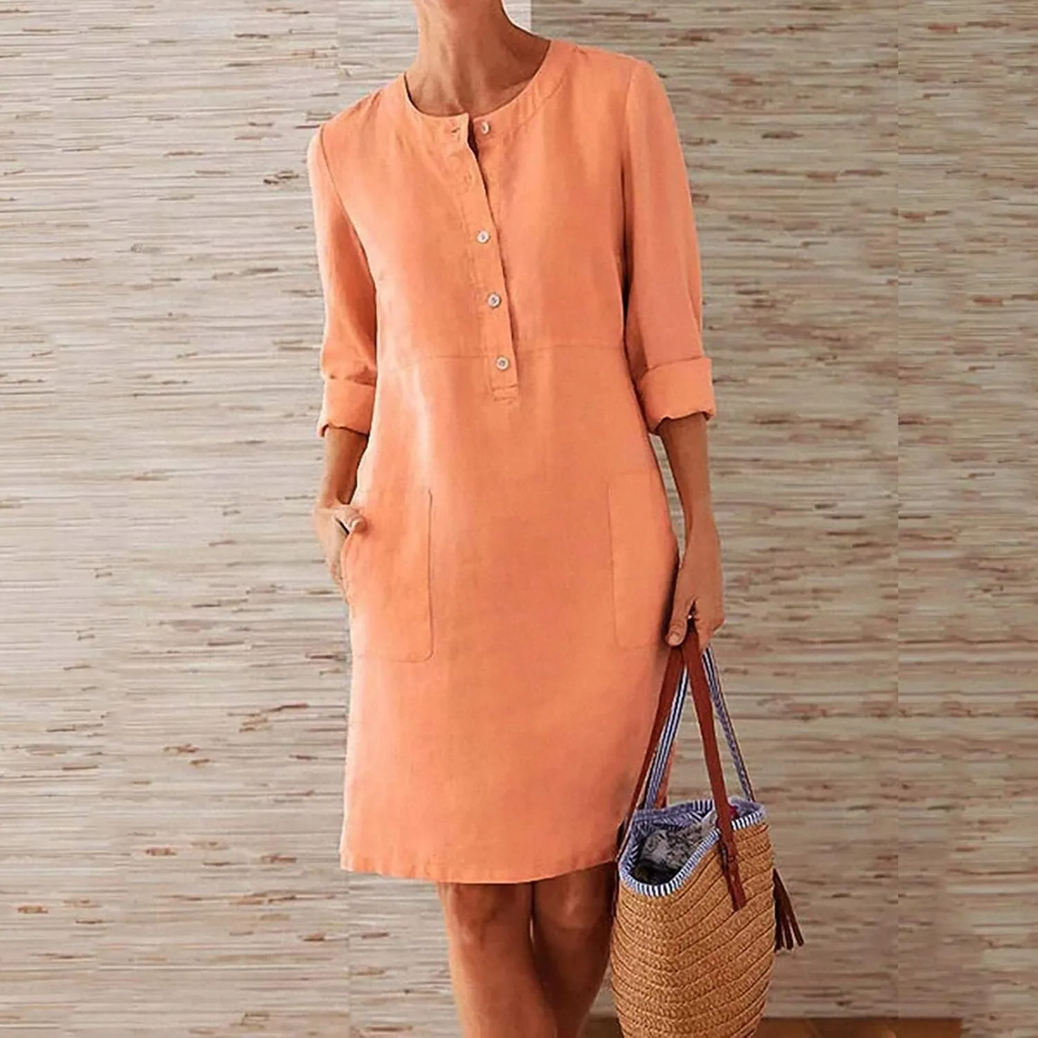 Women's Cotton Linen Shirt Dress Long Sleeve Summer Midi Dresses Dressy Casual Button Down Crewneck Solid Dress