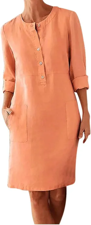 Women's Cotton Linen Shirt Dress Long Sleeve Summer Midi Dresses Dressy Casual Button Down Crewneck Solid Dress