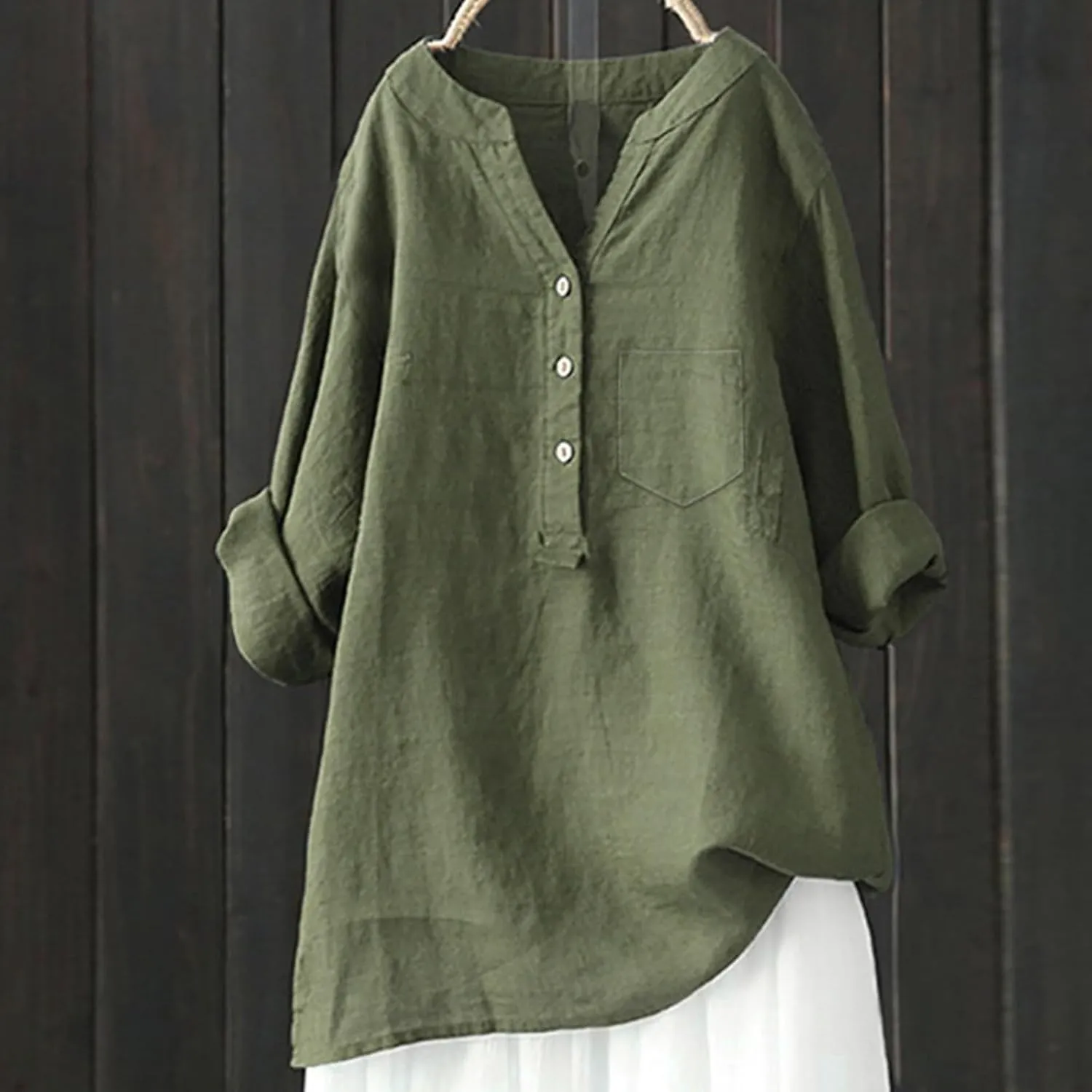 Womens Cotton Linen Shirts 3/4 Roll Up Sleeve Casual V Neck Button Up Dressy Blouses Summer Vacation Oversized Tshirt
