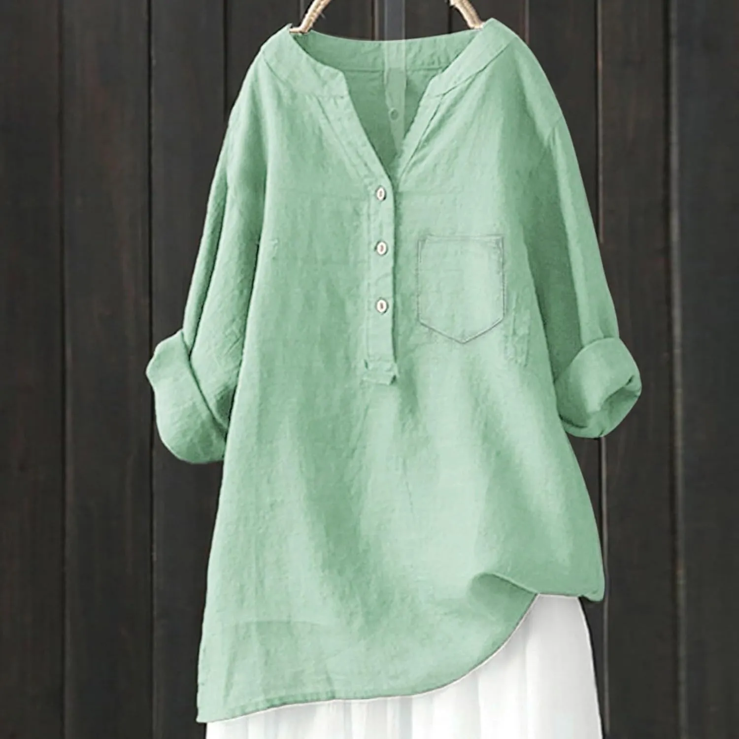 Womens Cotton Linen Shirts 3/4 Roll Up Sleeve Casual V Neck Button Up Dressy Blouses Summer Vacation Oversized Tshirt