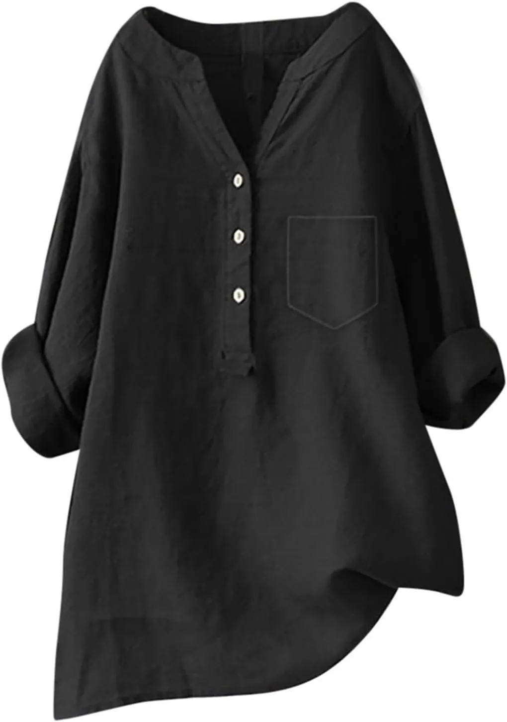 Womens Cotton Linen Shirts 3/4 Roll Up Sleeve Casual V Neck Button Up Dressy Blouses Summer Vacation Oversized Tshirt