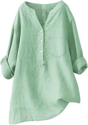 Womens Cotton Linen Shirts 3/4 Roll Up Sleeve Casual V Neck Button Up Dressy Blouses Summer Vacation Oversized Tshirt