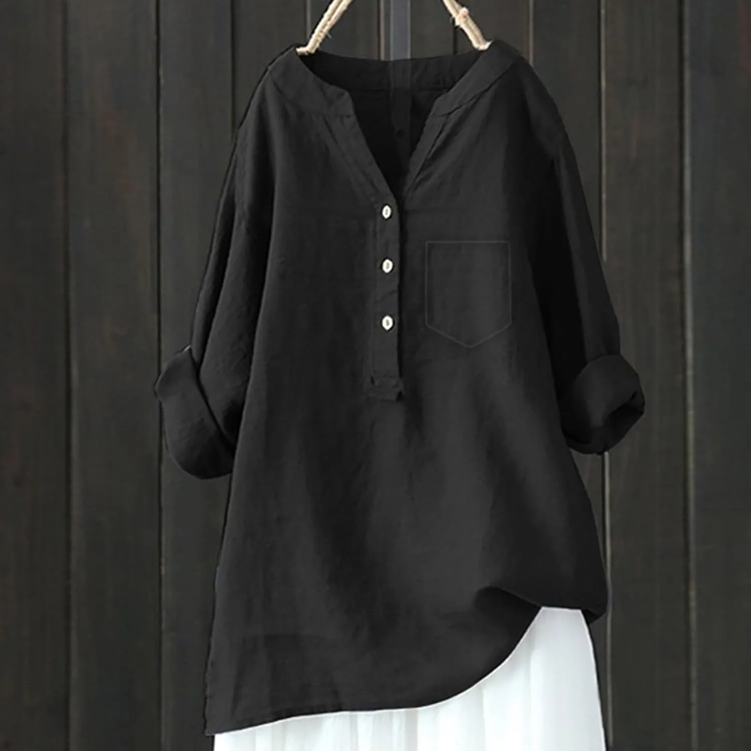 Womens Cotton Linen Shirts 3/4 Roll Up Sleeve Casual V Neck Button Up Dressy Blouses Summer Vacation Oversized Tshirt
