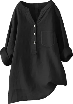 Womens Cotton Linen Shirts 3/4 Roll Up Sleeve Casual V Neck Button Up Dressy Blouses Summer Vacation Oversized Tshirt