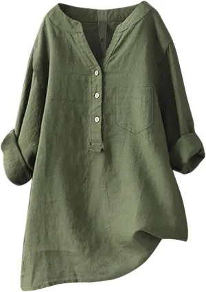 Womens Cotton Linen Shirts 3/4 Roll Up Sleeve Casual V Neck Button Up Dressy Blouses Summer Vacation Oversized Tshirt