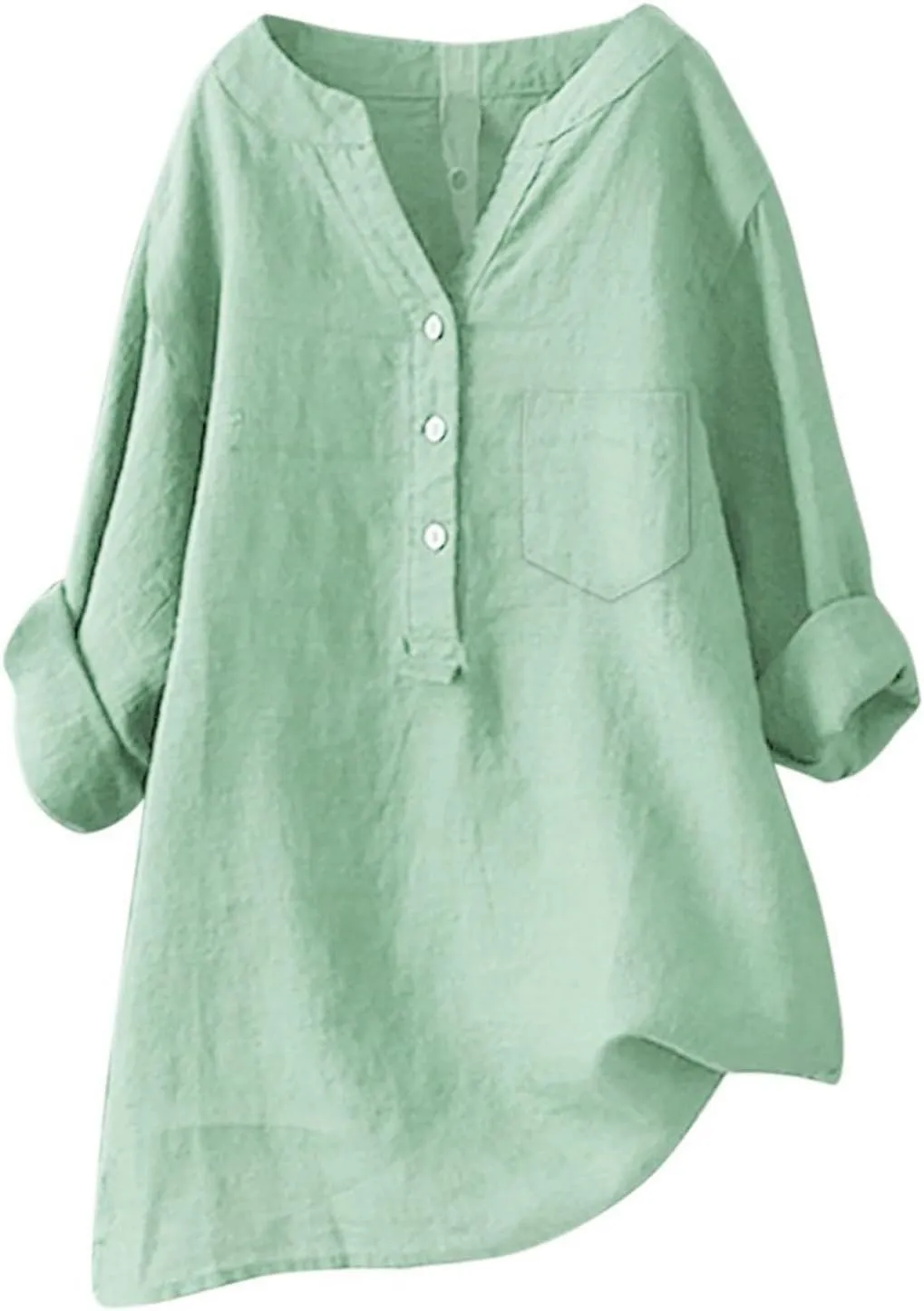 Womens Cotton Linen Shirts 3/4 Roll Up Sleeve Casual V Neck Button Up Dressy Blouses Summer Vacation Oversized Tshirt