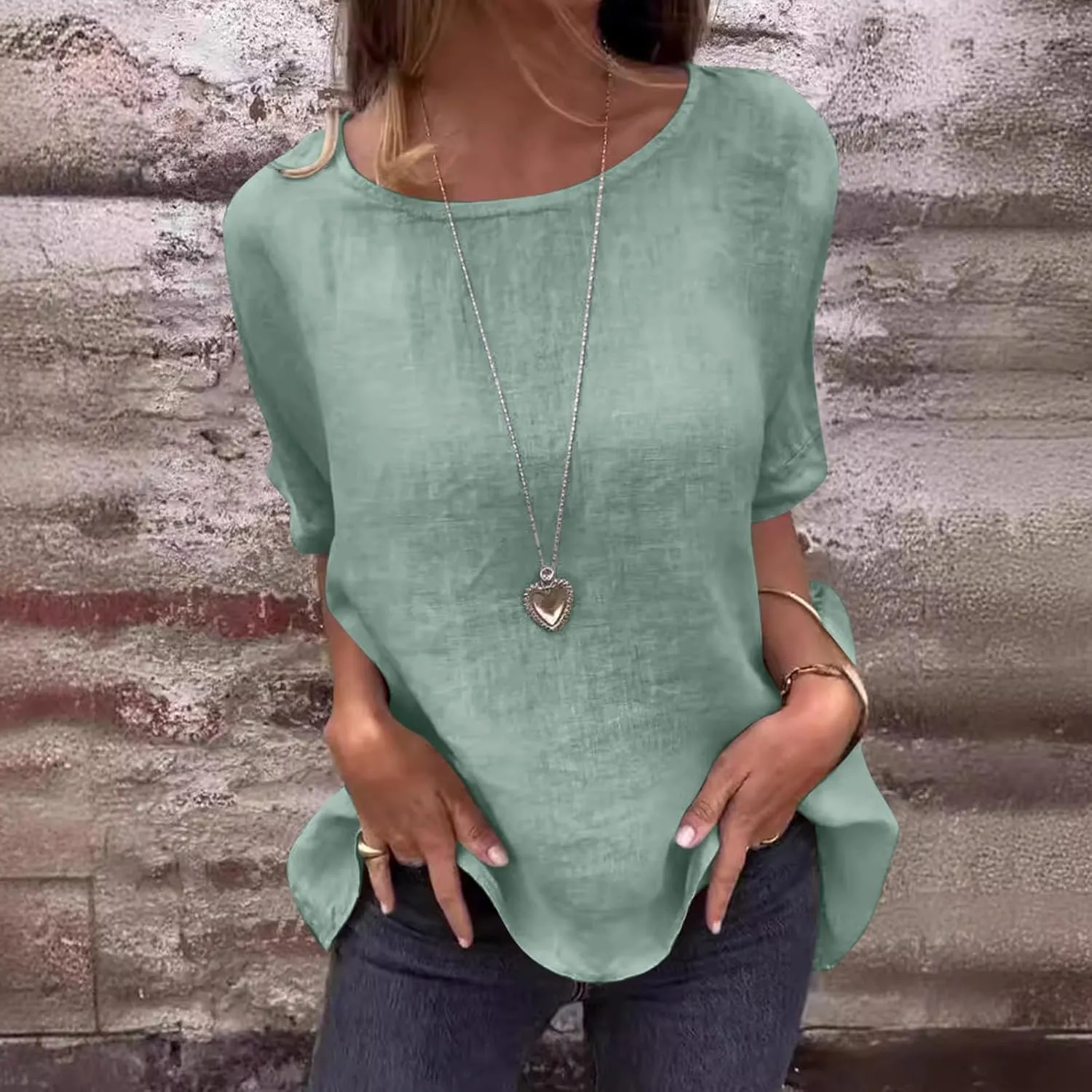 Womens Cotton Linen Shirts Casual Short Sleeve Blouses 2025 Trendy Loose Fit Crew Neck Solid Color Work Tops