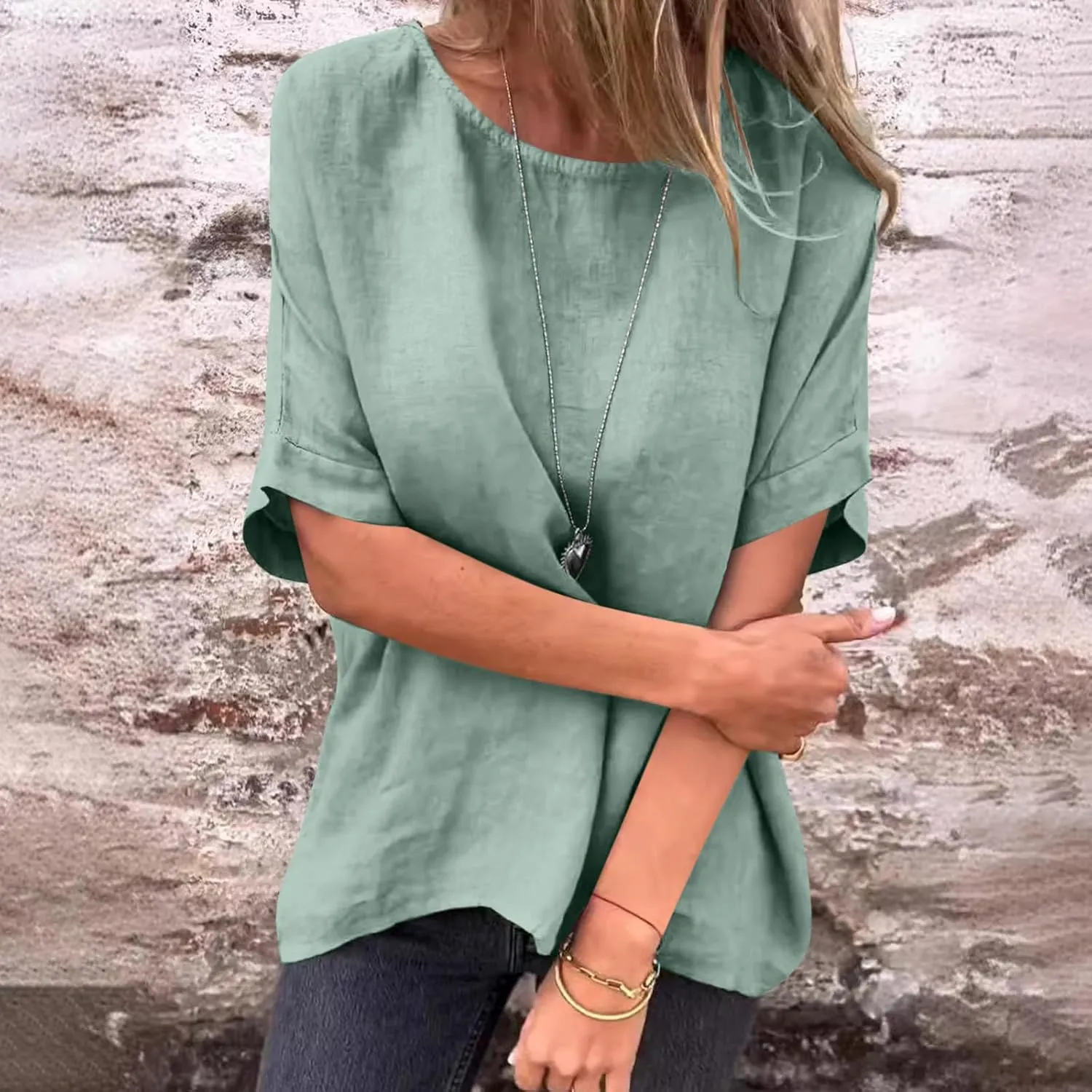 Womens Cotton Linen Shirts Casual Short Sleeve Blouses 2025 Trendy Loose Fit Crew Neck Solid Color Work Tops