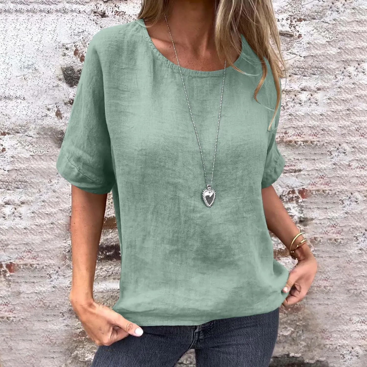 Womens Cotton Linen Shirts Casual Short Sleeve Blouses 2025 Trendy Loose Fit Crew Neck Solid Color Work Tops