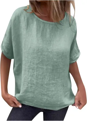 Womens Cotton Linen Shirts Casual Short Sleeve Blouses 2025 Trendy Loose Fit Crew Neck Solid Color Work Tops