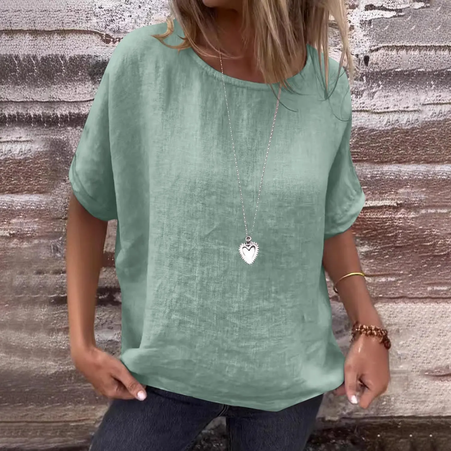 Womens Cotton Linen Shirts Casual Short Sleeve Blouses 2025 Trendy Loose Fit Crew Neck Solid Color Work Tops