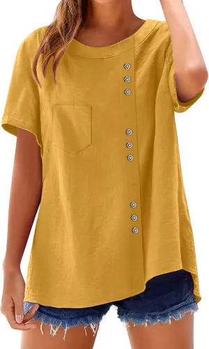 Women's Cotton Linen Short Sleeve Shirt Summer Boho Dressy Tops Blouses Button Crew Neck Casual Beach Vacation Tunics