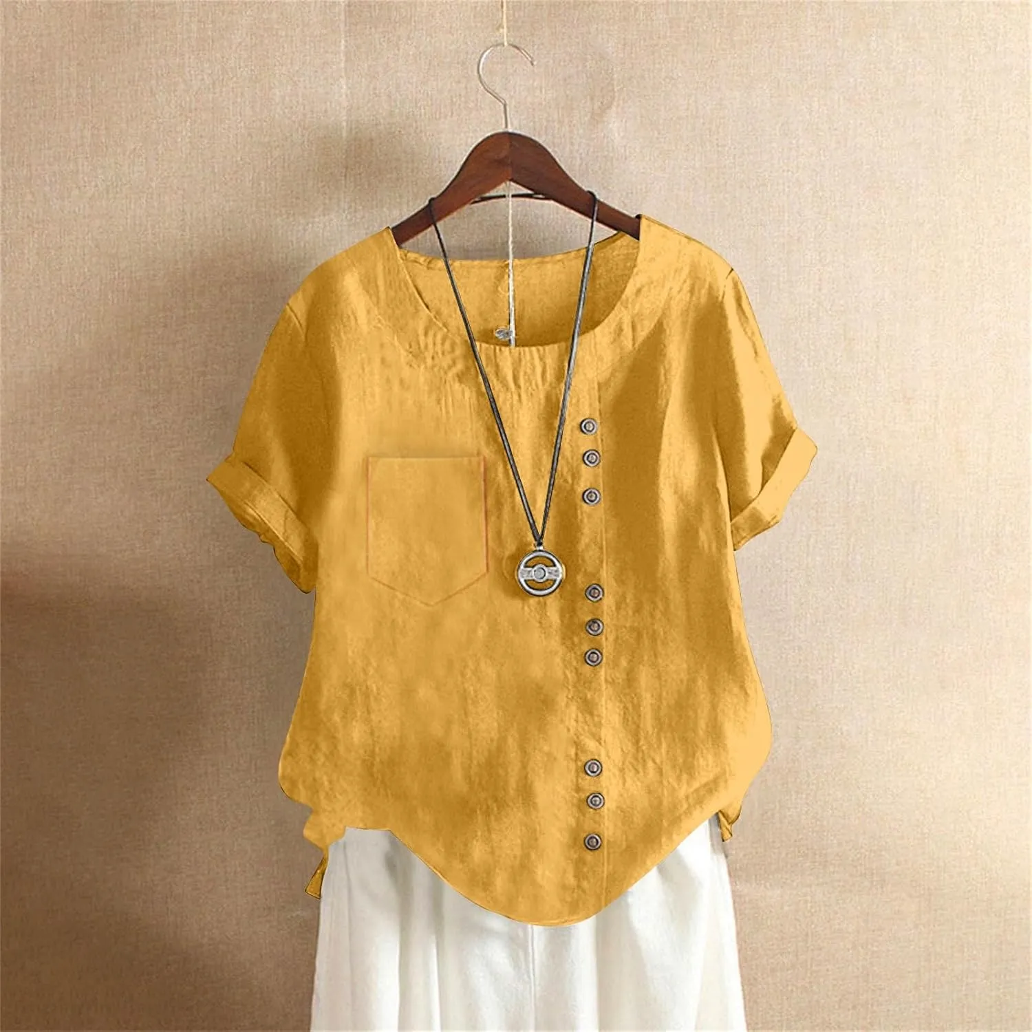 Women's Cotton Linen Short Sleeve Shirt Summer Boho Dressy Tops Blouses Button Crew Neck Casual Beach Vacation Tunics