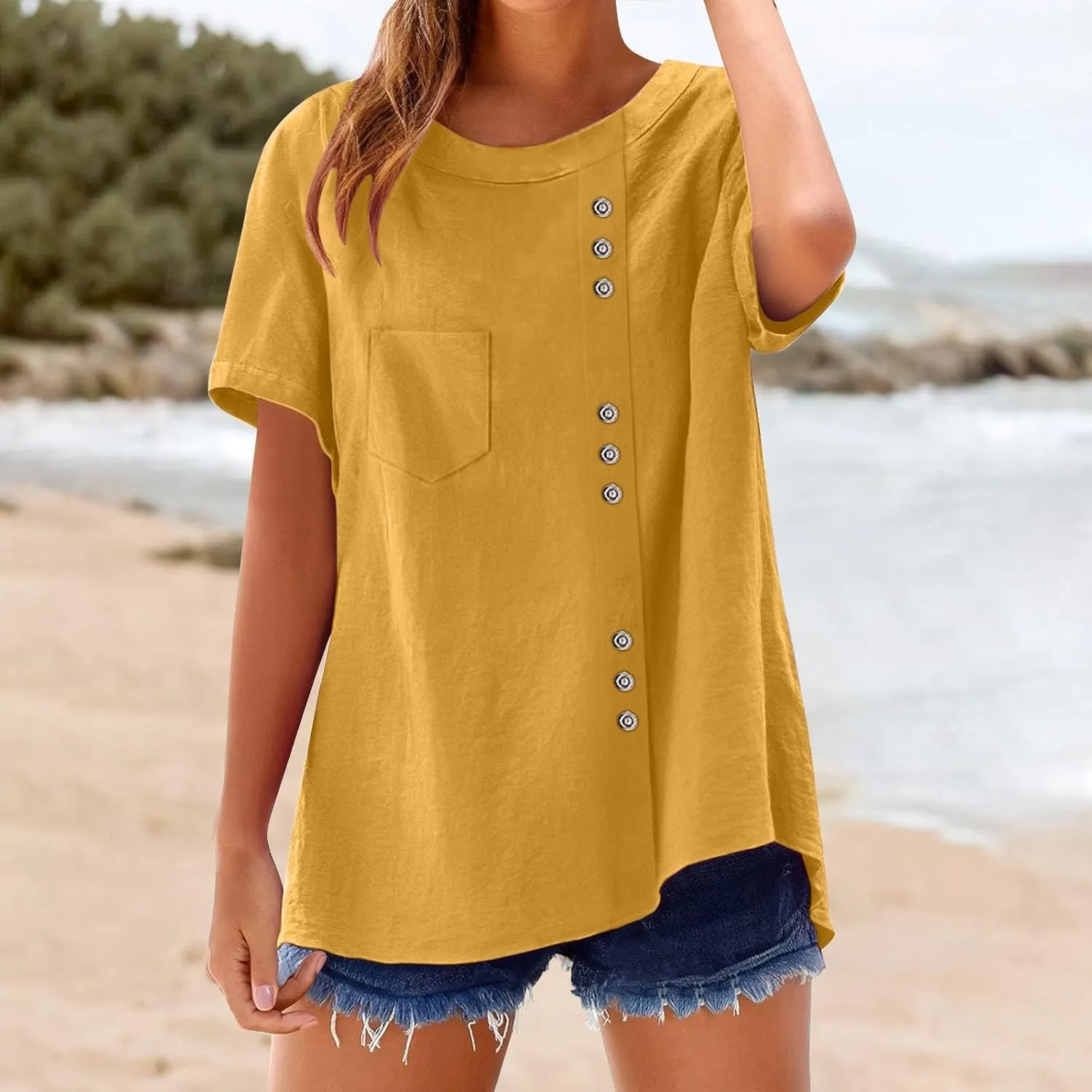 Women's Cotton Linen Short Sleeve Shirt Summer Boho Dressy Tops Blouses Button Crew Neck Casual Beach Vacation Tunics