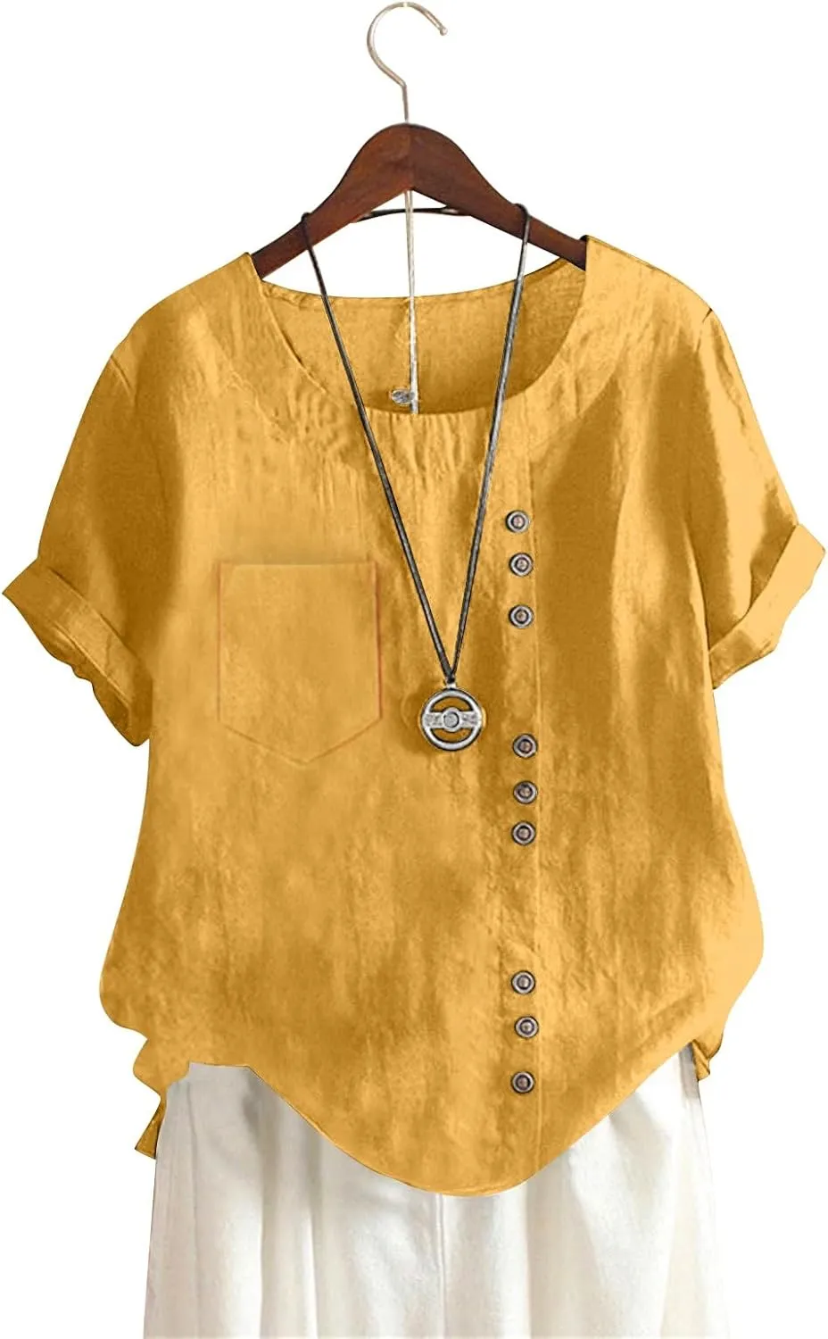 Women's Cotton Linen Short Sleeve Shirt Summer Boho Dressy Tops Blouses Button Crew Neck Casual Beach Vacation Tunics