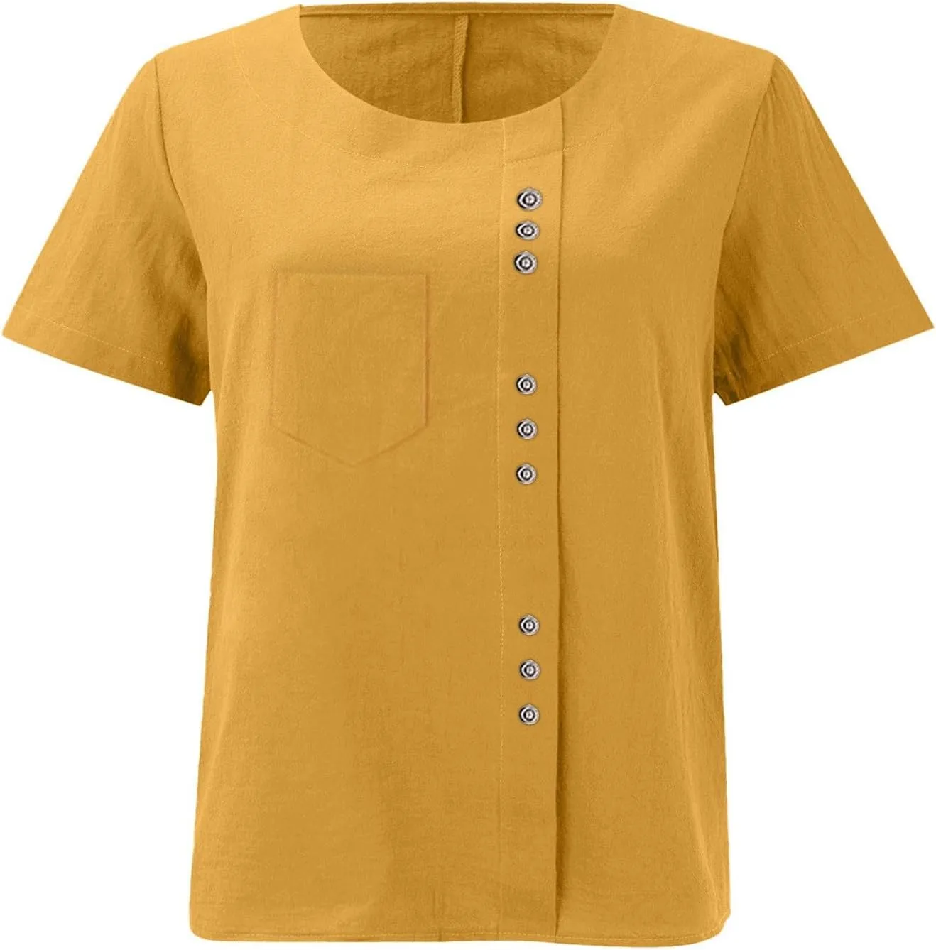 Women's Cotton Linen Short Sleeve Shirt Summer Boho Dressy Tops Blouses Button Crew Neck Casual Beach Vacation Tunics