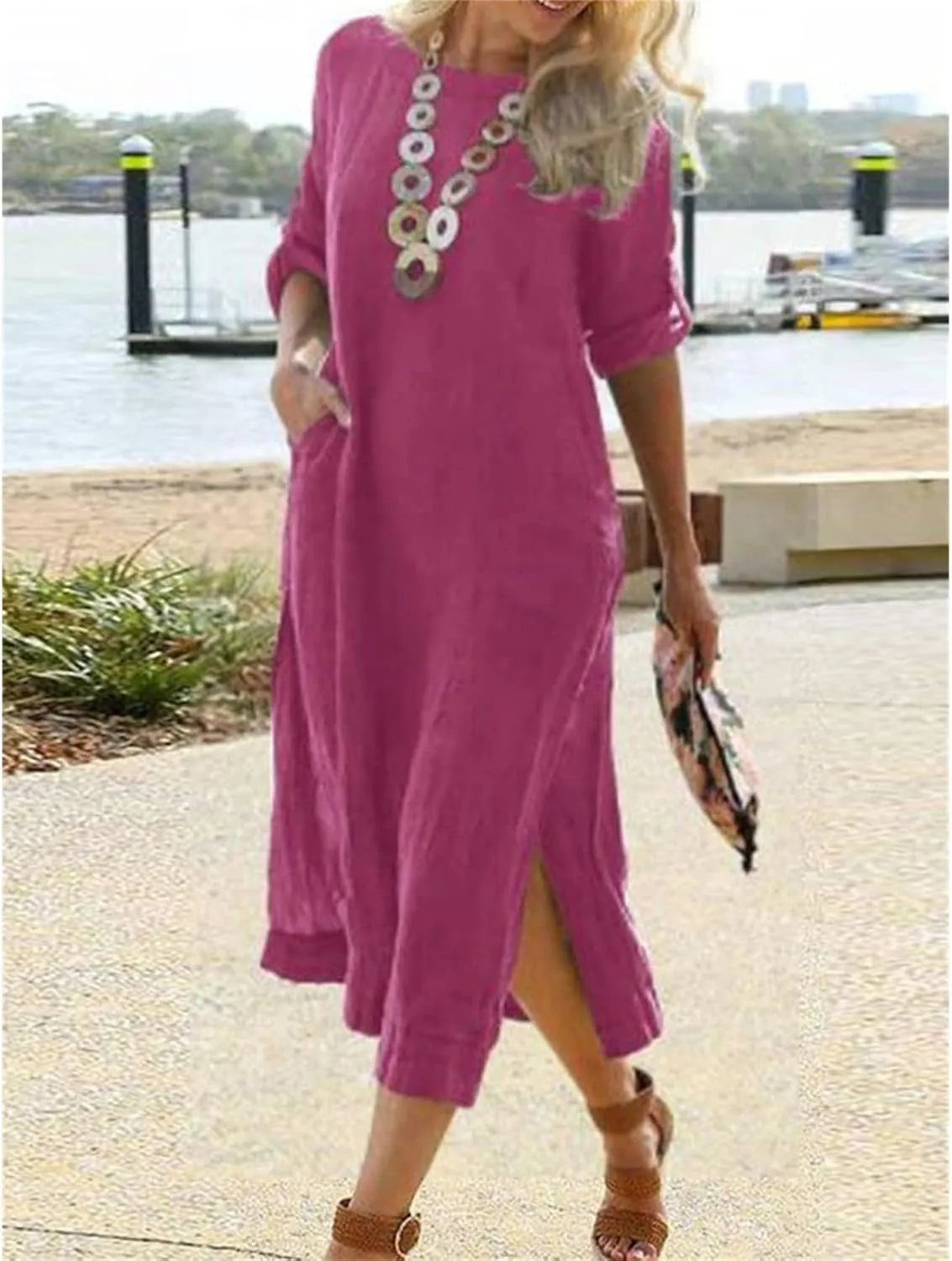 Women's Cotton Linen Short Sleeves Dress Summer Casual Roll Up Crewneck Midi Dress Solid Lounge Dresses with Pockets