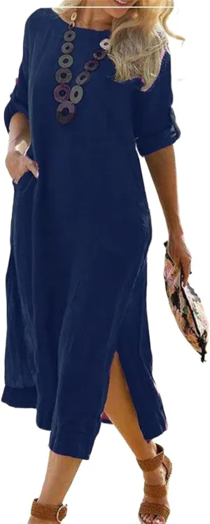 Women's Cotton Linen Short Sleeves Dress Summer Casual Roll Up Crewneck Midi Dress Solid Lounge Dresses with Pockets