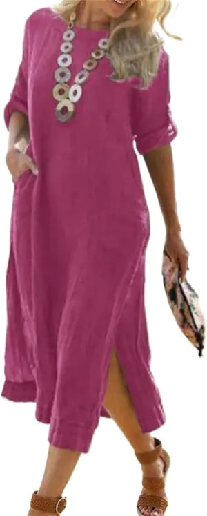 Women's Cotton Linen Short Sleeves Dress Summer Casual Roll Up Crewneck Midi Dress Solid Lounge Dresses with Pockets