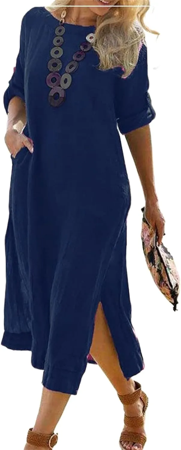 Women's Cotton Linen Short Sleeves Dress Summer Casual Roll Up Crewneck Midi Dress Solid Lounge Dresses with Pockets