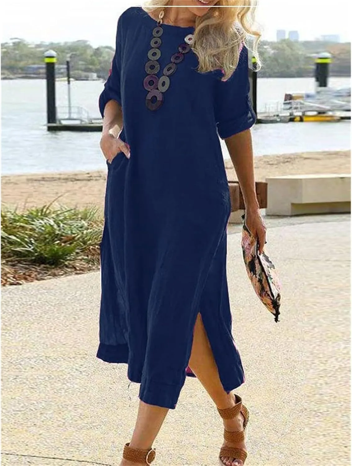 Women's Cotton Linen Short Sleeves Dress Summer Casual Roll Up Crewneck Midi Dress Solid Lounge Dresses with Pockets