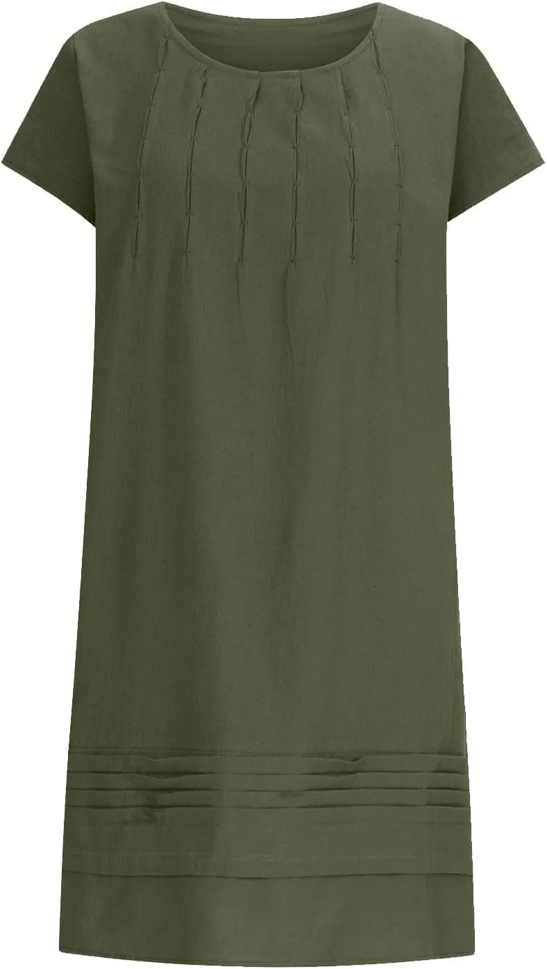 Women's Cotton Linen Summer Dresses 2024 Sleeveless Pleated Dress Casual Knee Length Dress Comfy Summer Lounge Outfits