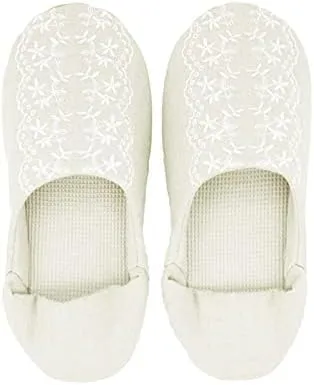 Women's Embroidered Slippers Made in Japan Washable Cotton Linen Material Approx. 22-24cm Babouche Floral Pattern Natural Room Shoes (White), Medium