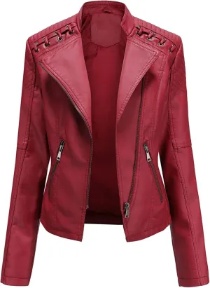 Women's Faux Leather Moto Jacket Slim Thin Leather Jacket